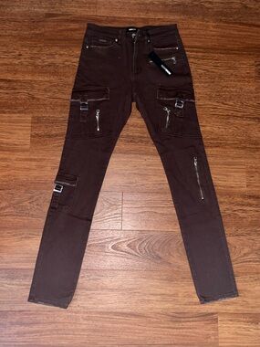 Men's Dark Brown Cargo Utility Pants with Zipper Details